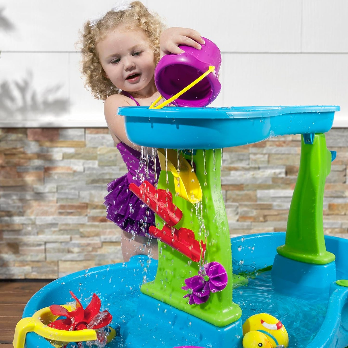 Step2 Rain Showers Splash Pond Water Table - Kids Sensory Playset with 13 Accessories | Outdoor Fun for Toddlers 1.5+ Years, Blue & Green