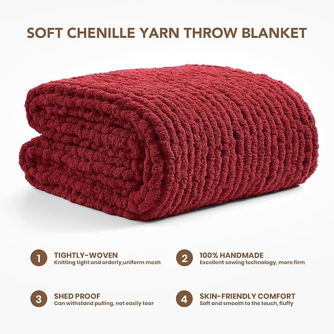 L'AGRATY Chunky Knit Blanket Throw: 60''x80'' Chenille Chunky Knitted Throw Blankets for Twin Bed Couch - Handmade Thick Cable Knit Blanket - Large Crochet Rope Blankets for Home Decor(Maroon Red)