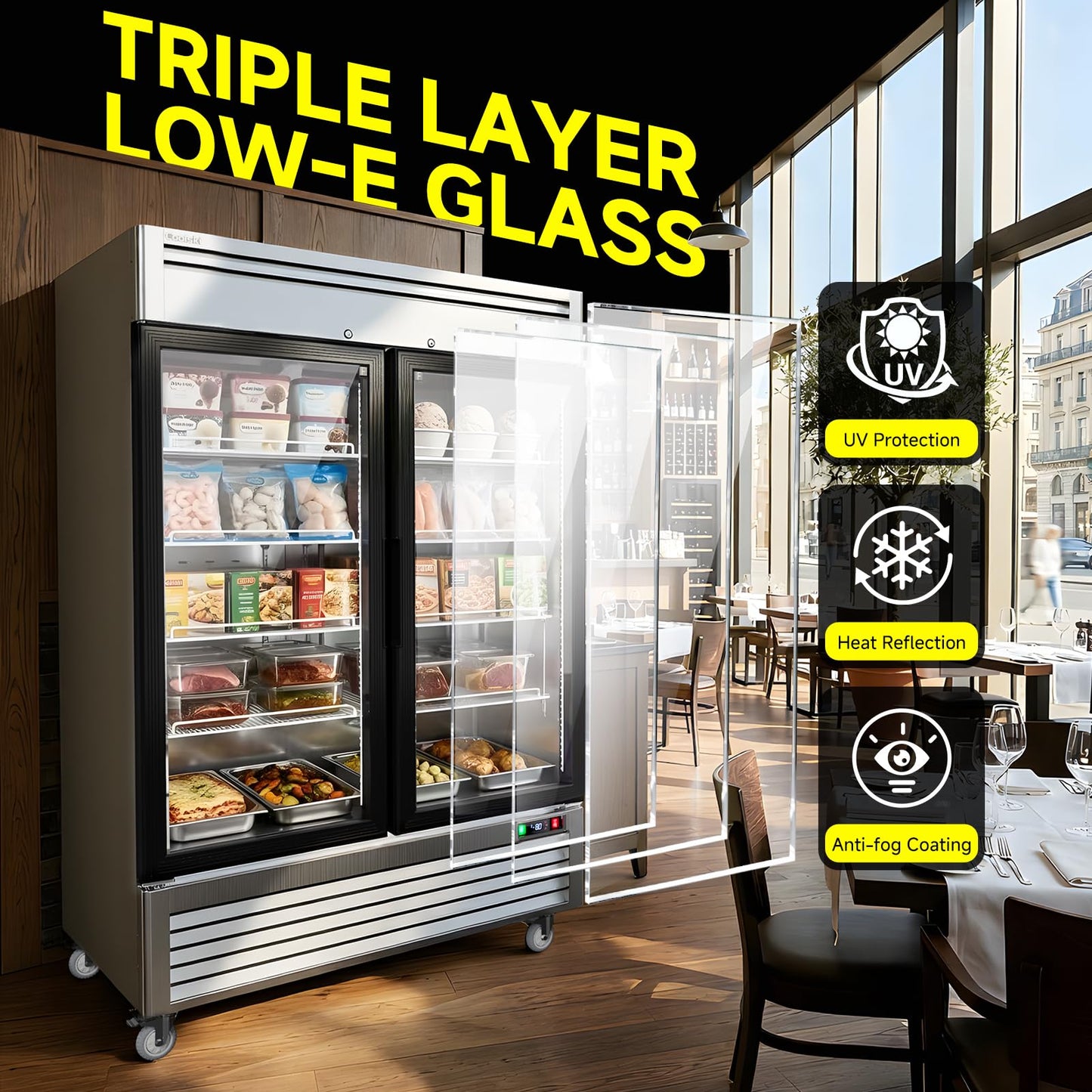 Coolski 54" W 2 Glass Door Commercial Freezer, Upright Display Freezer with Adjustable Heavy Duty Shelves, Auto Defrost, LED Interior Light, ETL DOE Certified for Stores and Cafés