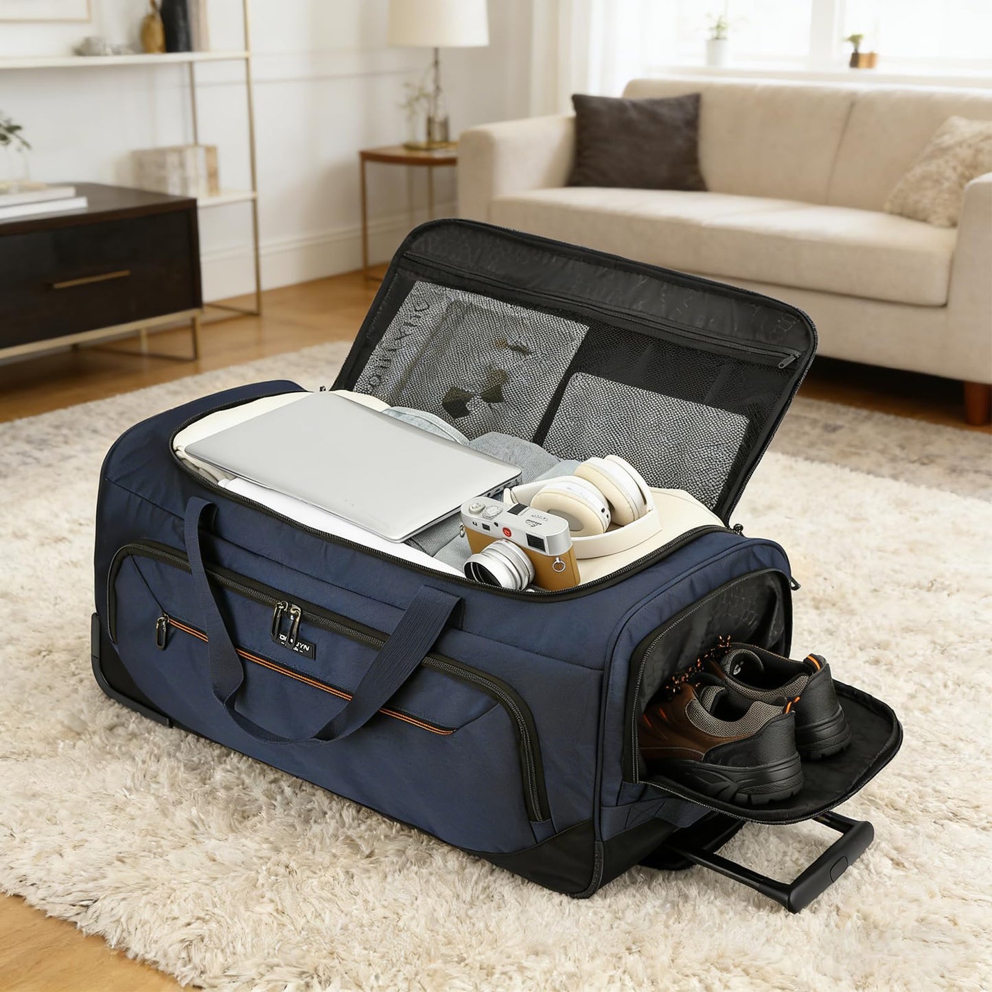TONRUYN Large Rolling Duffle Bag with Wheels and Handle 85L 29 inch Travel Duffel Bag for Men Women with Shoe Compartment & Wet Pocket, 2 Wheeled Checked Luggage for Business Travel Long Trips, Blue