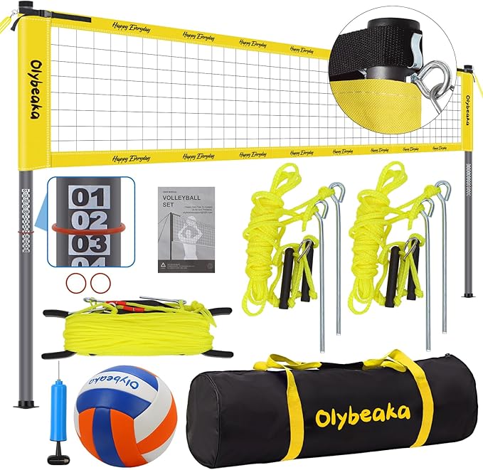Outdoor Portable Volleyball Net Set for Backyard Beach with Adjustable Heavy Duty Poles, Durable Net, PU Volleyball & Pump, Carry Bag