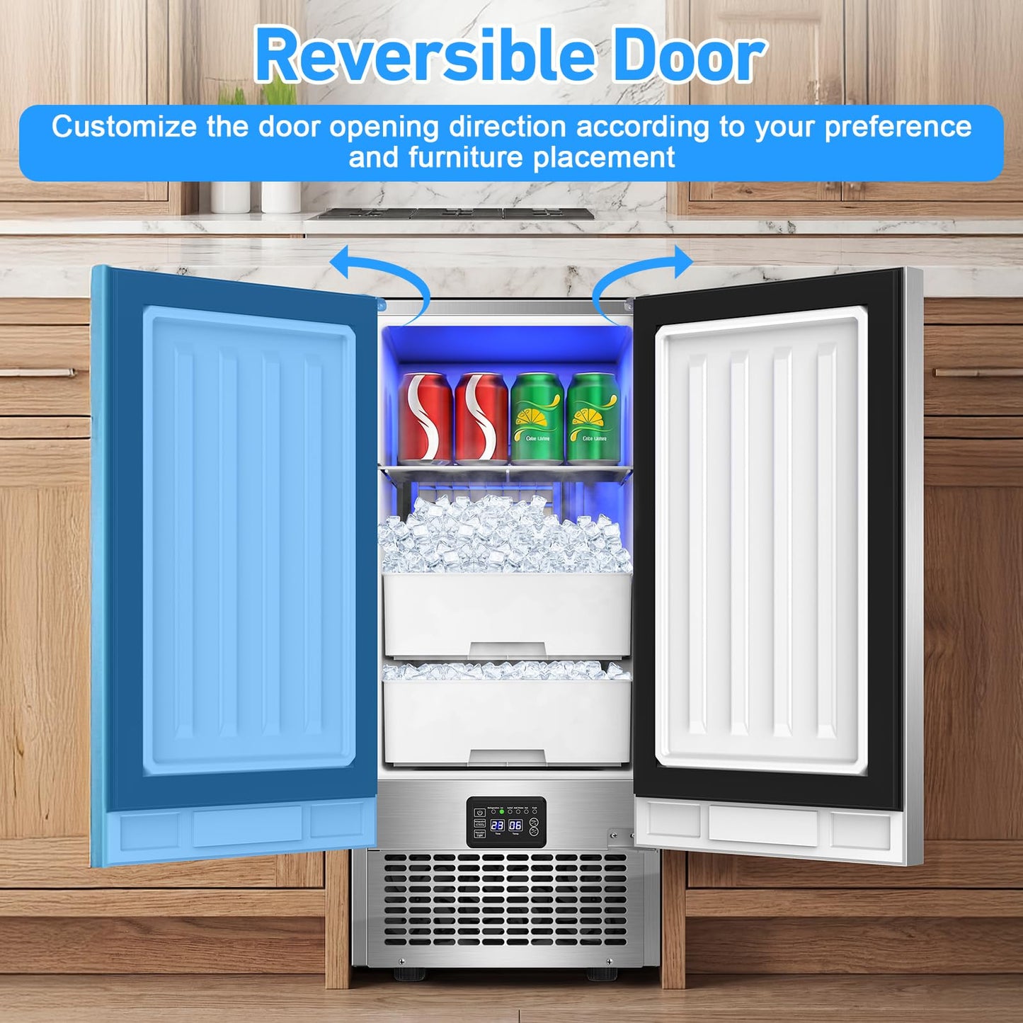 Under Counter Ice Maker 120lbs/24h, 2 in 1 Commercial Ice Machine & Beverage Refrigerator with 2 Drawers & 30lbs Storage, Stainless Steel Reversible Door, Adjustable Ice Thickness for Home Bar Kitchen
