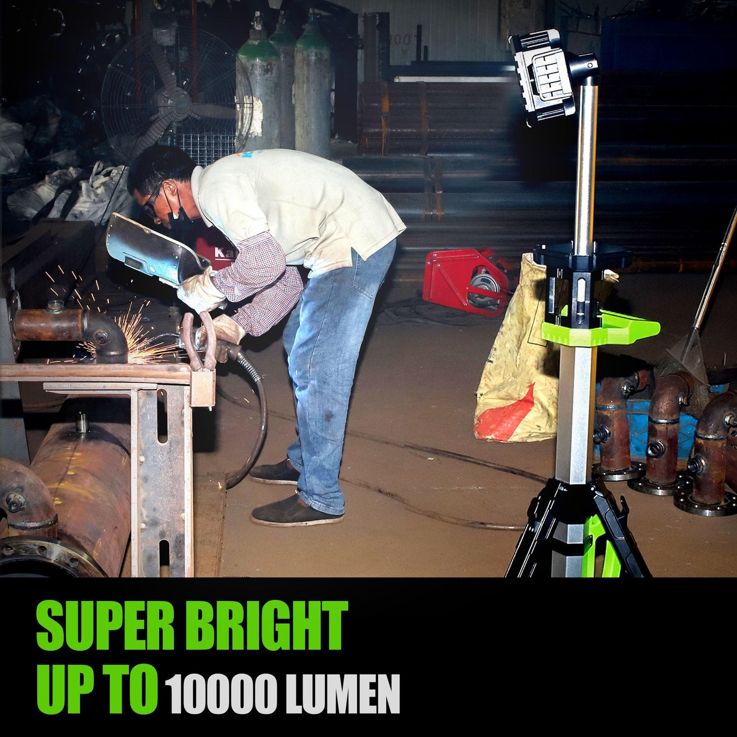 SEAMAGIC Cordless 10000LM Heavy-Duty LED Work Light on Stand, 4 Modes Super Bright, 9000mAh Rechargeable Work Light with Folding Tripod, Multi-Angle Lighting for Jobsite, Camping, Automotive