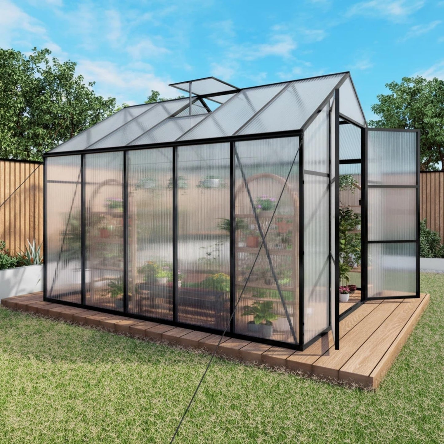 Trygoal 8x10 FT Greenhouse, Walk-in Outdoor Heavy Duty Polycarbonate Greenhouses with Aluminum Frame, High Headroom, UV Protection & Drainage System for Backyard All Season Growing, Black