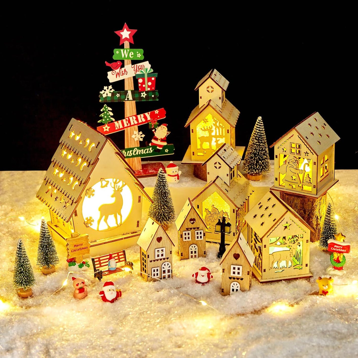 Skiennix 29-Piece Christmas Village Set - Lighted Wooden Houses & Miniature Trees for DIY Crafts