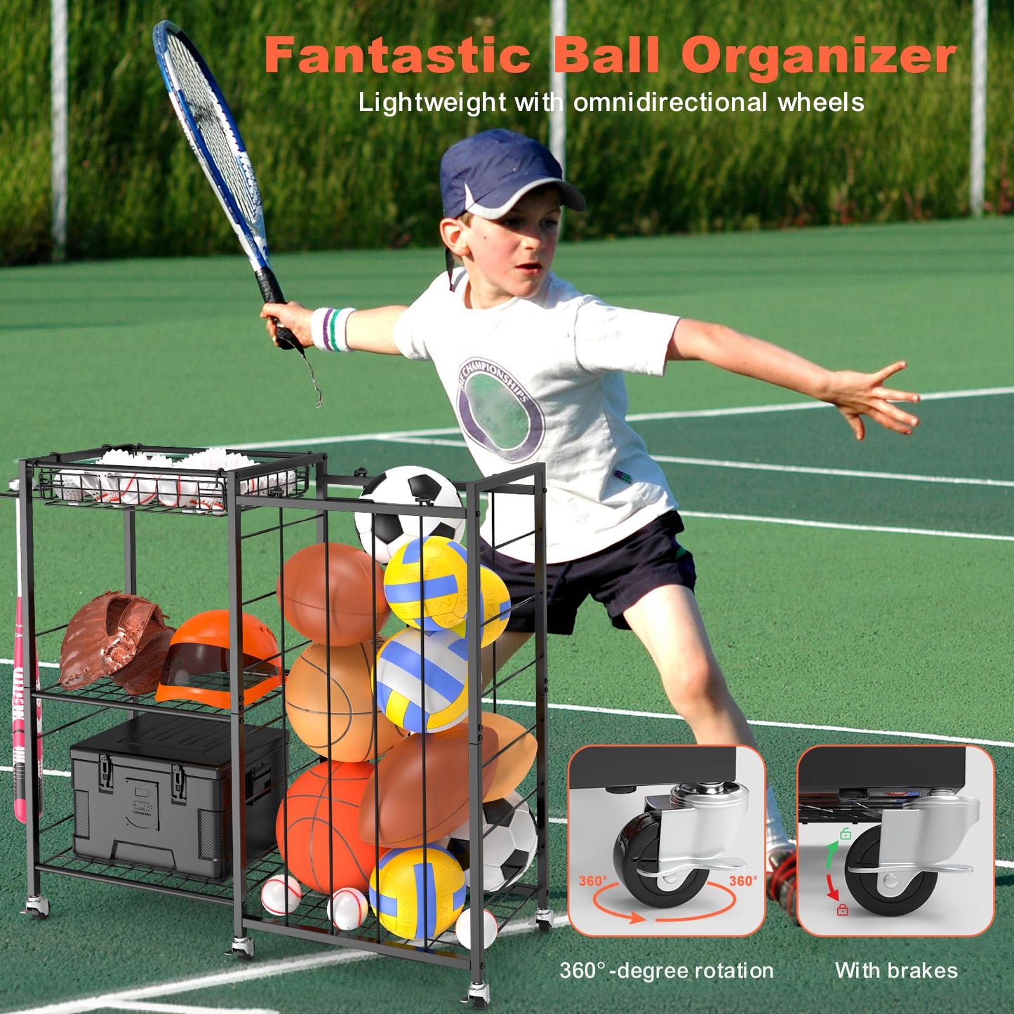 Multi-Functional Sports Equipment Organizer with Elastic Rope, Removable Basket & Racket Holders - Heavy-Duty Organizer for Balls, Tennis/Badminton Rackets - Ideal for Garage, Home Gym & Playroom