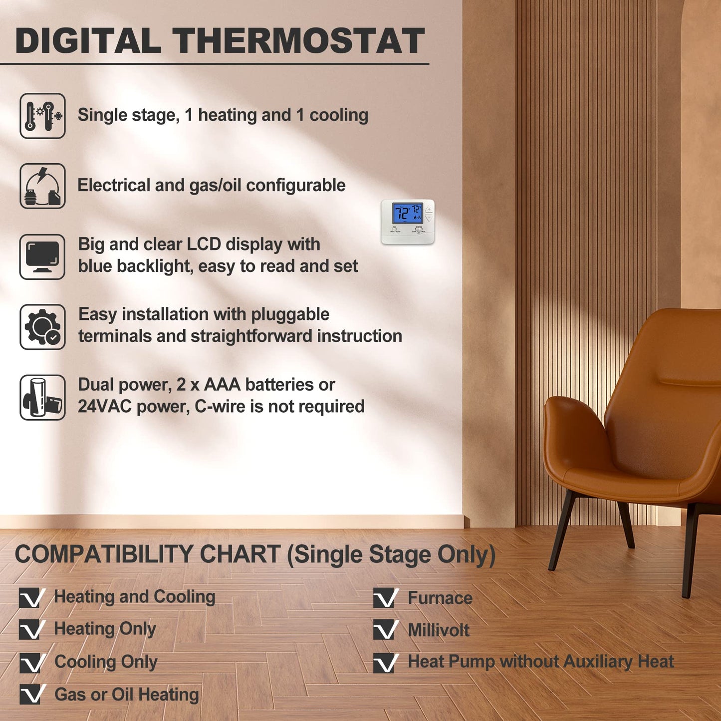 ELECTECK 5 Pack Non-Programmable Digital Thermostat for Home, up to 1 Heat/1 Cool with 4.5 sq. inch Display, Compatible with Single Stage Electrical and Gas/Oil System, White