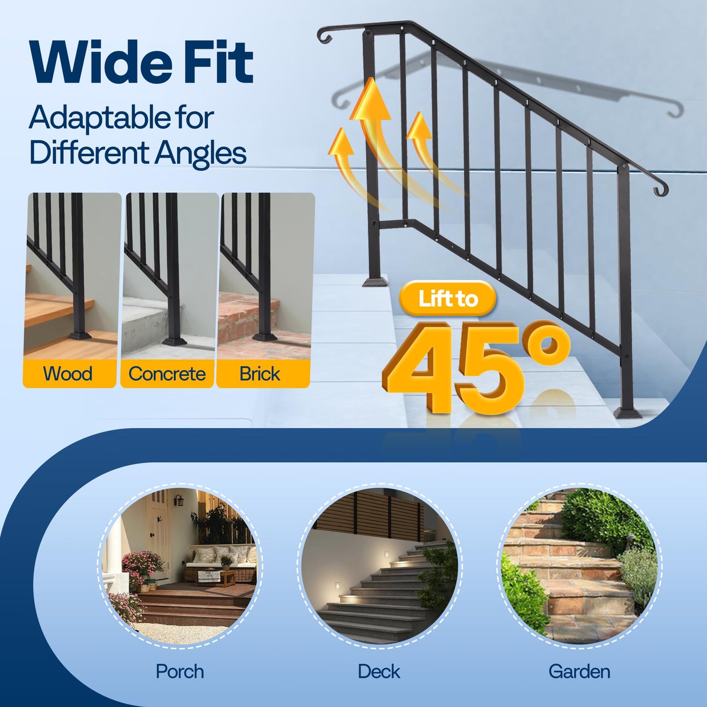 VIVOHOME 2-Pack Galvanized Steel Hand Rails for Outdoor Steps – 40.6" Curved Ends and Safety Balusters Exterior Railing Kit for Porch, Deck, or Indoor Stairs (4-Step, Black)