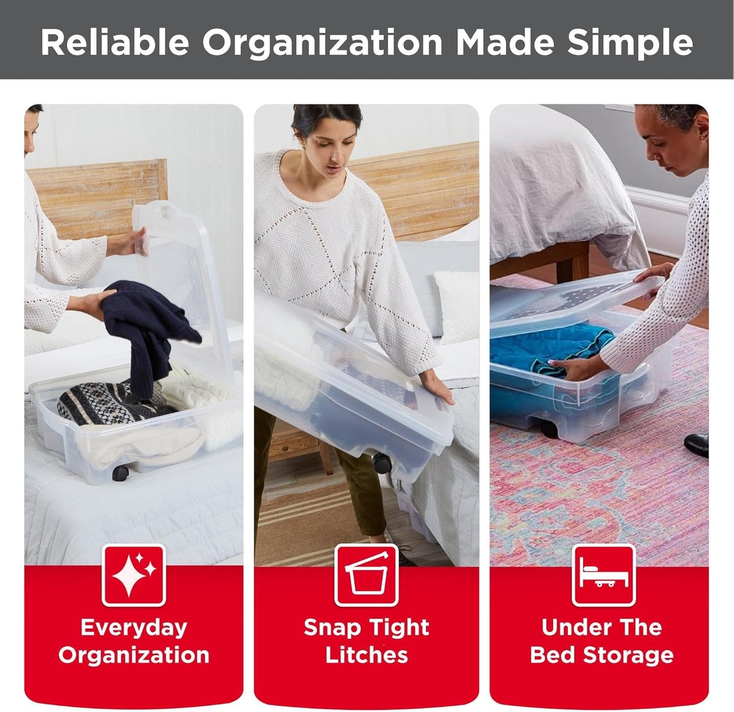 Rubbermaid 70 Quart Under Bed Storage Boxes - Dual Hinged Lids & Rolling Caster Wheels | Clear, 2 Pack