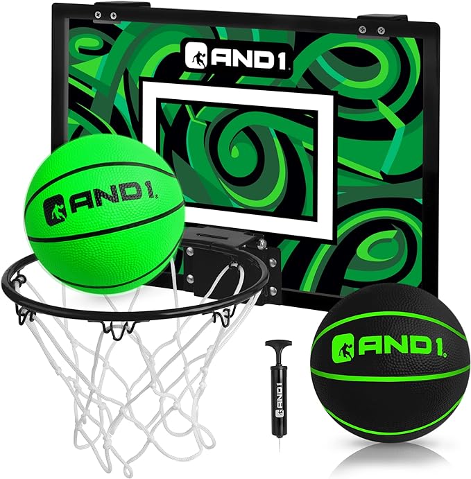 AND1 Over the Door Mini Basketball Hoop: 18x12 Shatterproof Backboard, 2 Mini Basketballs, and Hand Pump Included- Ultimate Indoor Basketball Accessory for Kids and Adults, No Tools Required