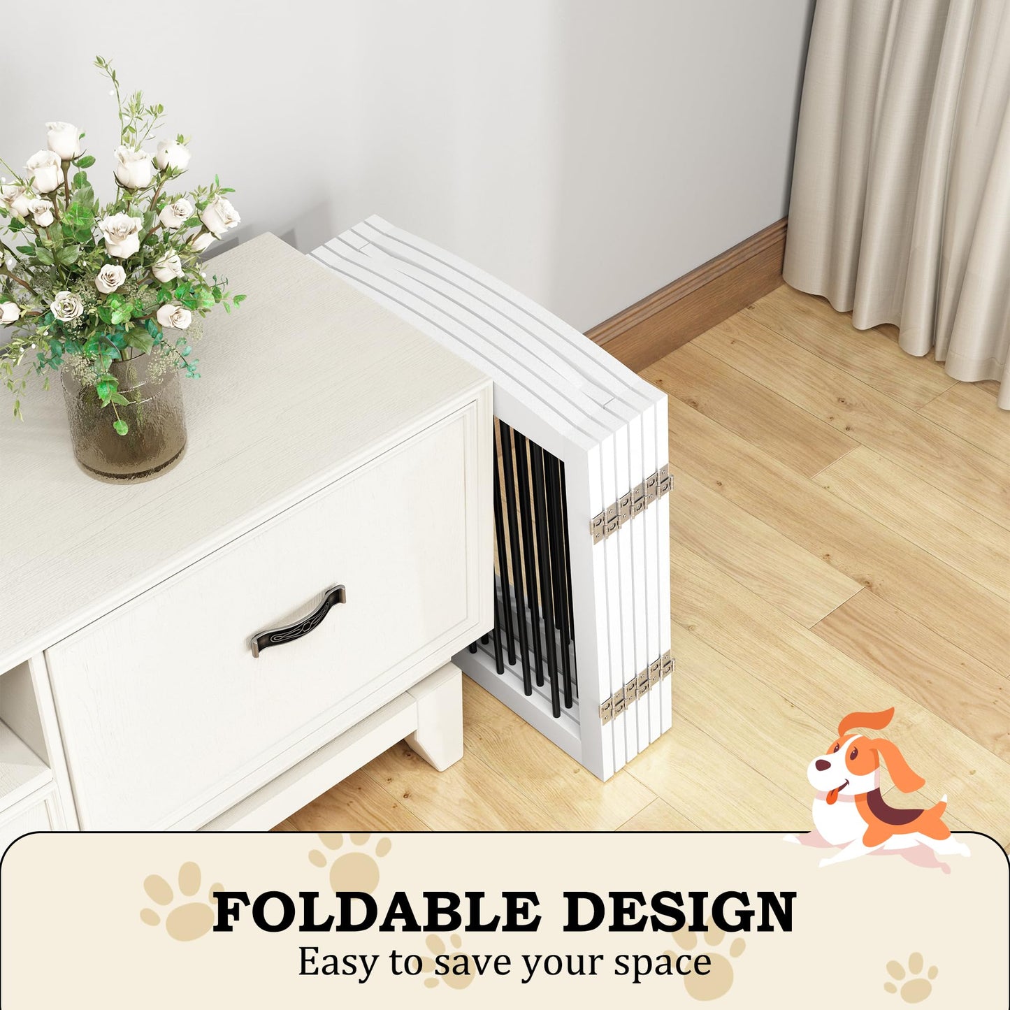PUPETPO Freestanding Pet Gates with Walk Through Door, Dog Indoor Fence, Dog Gate for The House, Stairs, Extra Wide Pet Gate, Support Feet Included, 120 Inch Wide, 6 Panels 24" Tall, White & Black