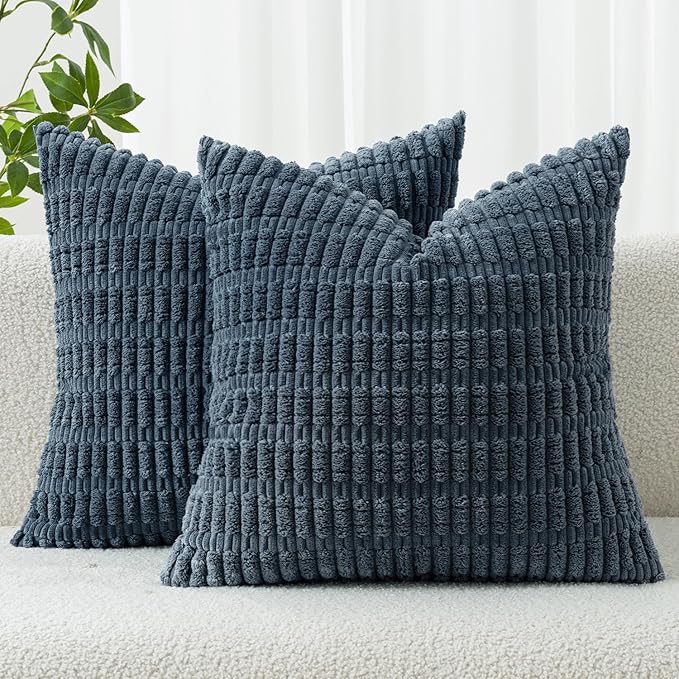 MIULEE Pack of 2 Corduroy Decorative Throw Pillow Covers 16x16 Inch Soft Boho Striped Pillow Covers Modern Farmhouse Home Decor for Summer Coastal Sofa Living Room Couch Bed Blue