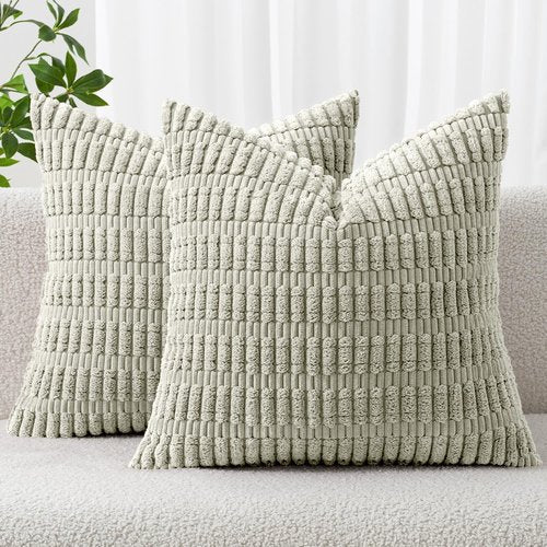 MIULEE Decorative Throw Pillow Covers - Soft Boho Striped Corduroy | 16x16 Inch, Light Green, Pack of 2