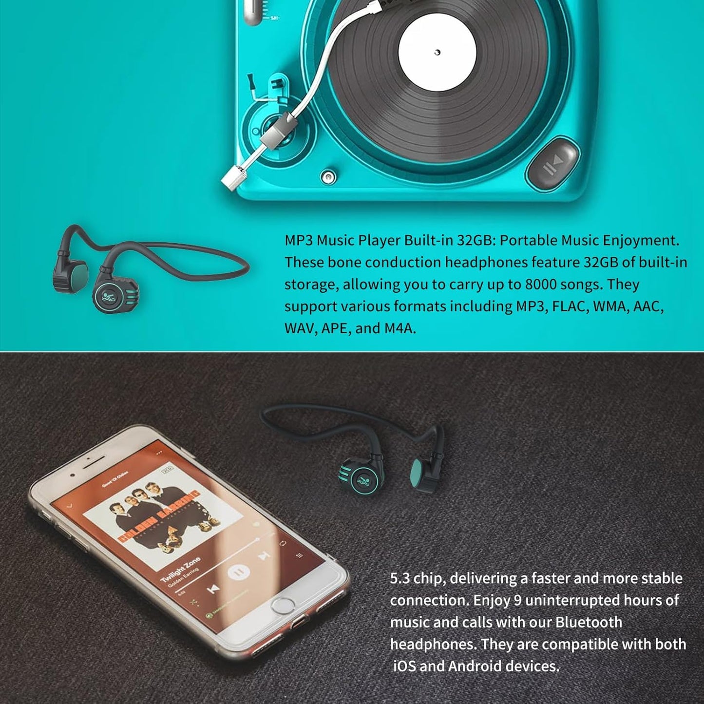 Swimming MP3 2-in-1, 10 5.4 Headset, Swimming, Bone Conduction Headphones with Open Ear Bluetooth Headphones and Player