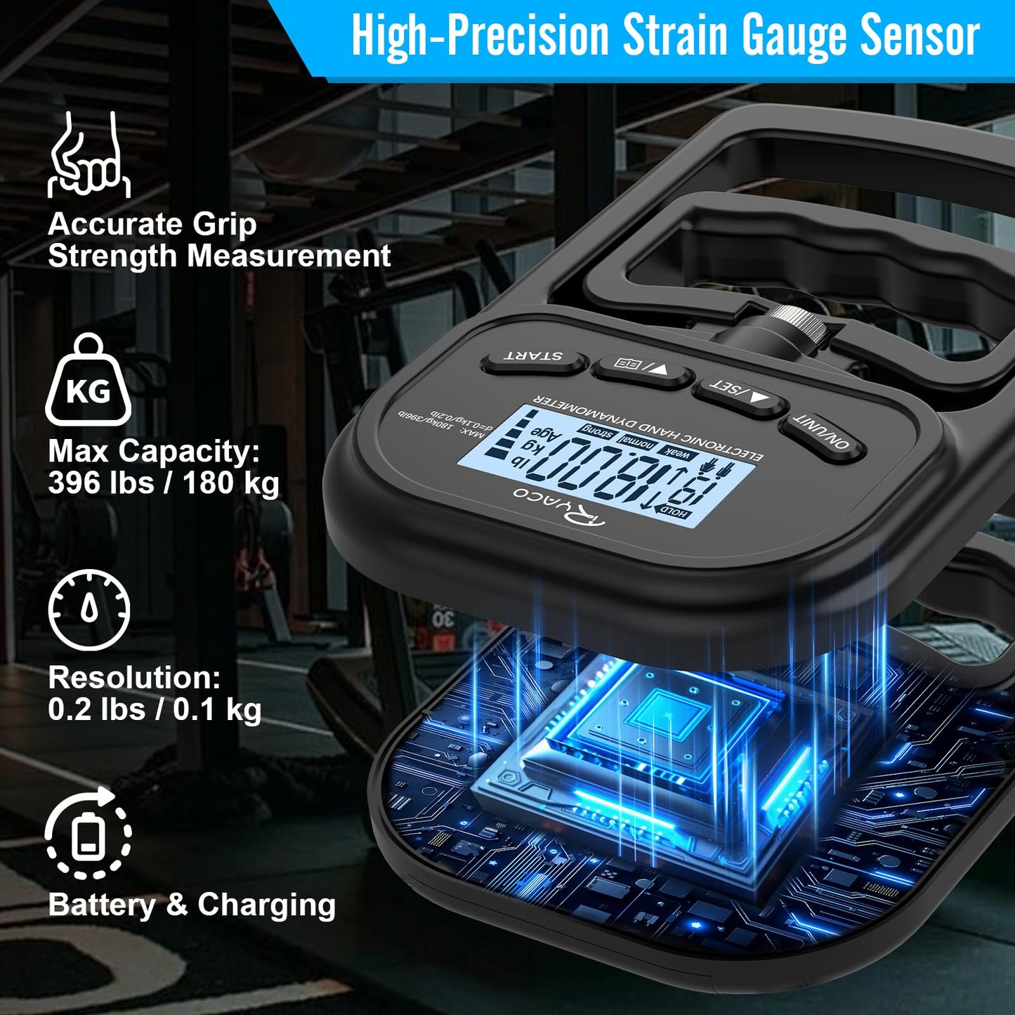 Ryaco Grip Strength Tester With Adjustable Hand Gripper, 396lbs/180kg Digital Hand Dynamometer Grip Strength Trainer Set Electronic Hand Grip Strengthener with LCD Display for Rehab Fitness Home Use