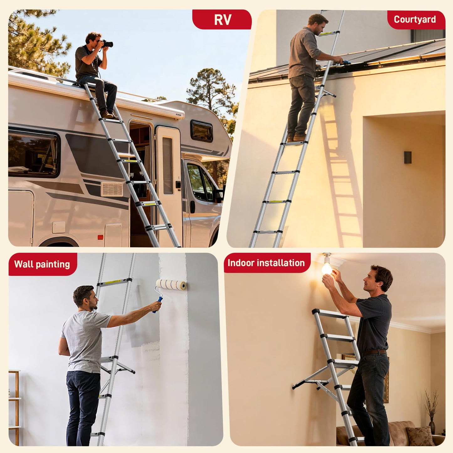 SEEKNEW Telescoping Ladder, 16.5 FT Aluminum Extension Ladder, 330 lbs Capacity with Triangular Stabilizers, Portable Collapsible Ladder for Roof, Home and RV; Silver