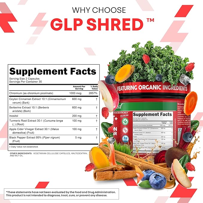 GLP1 Supplement Berberine Ceylon Cinnamon Apple Cider Vinegar Chromium Turmeric PCOS Supplements Immunity & Metabolism Support 60 Vegan Capsules by Clean Nutra