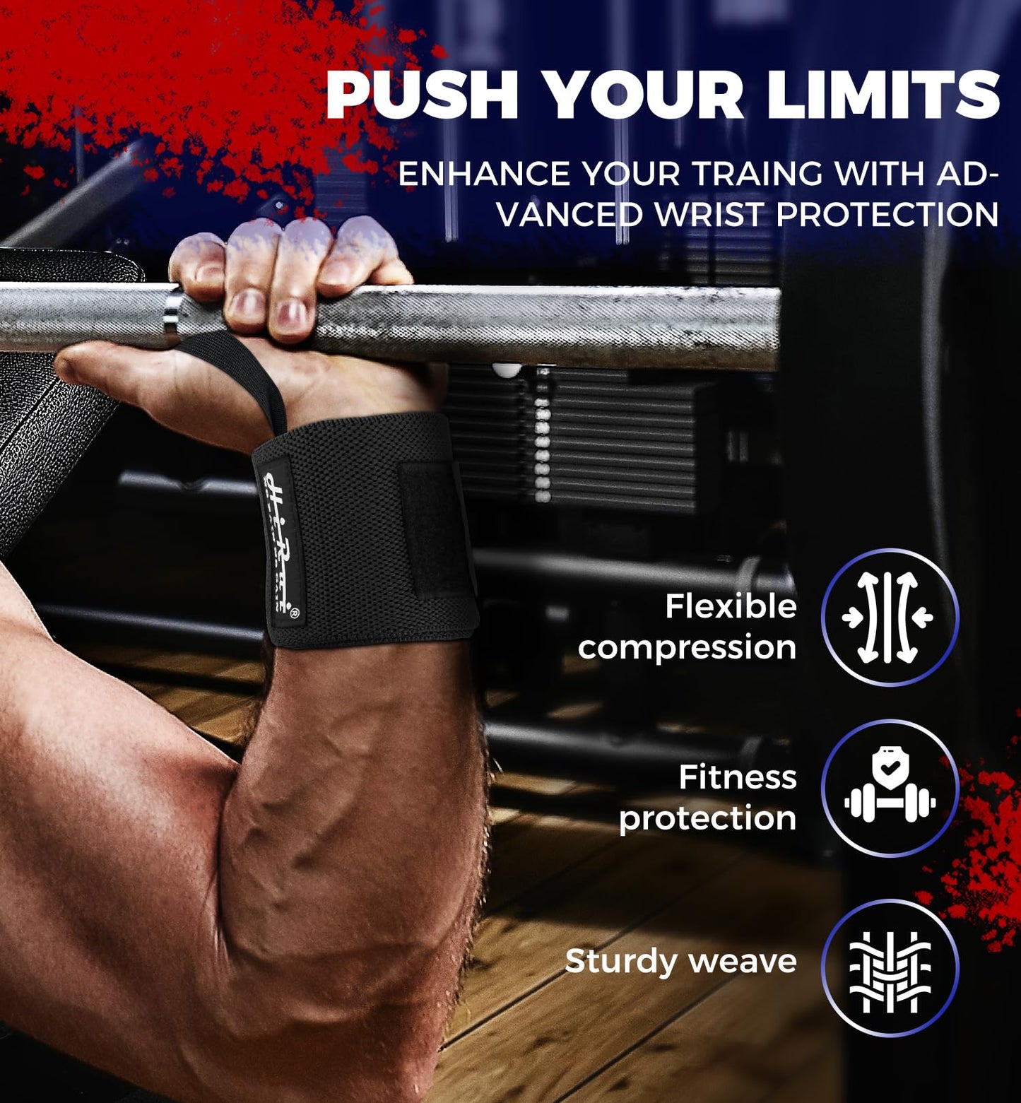 HiRui Elite 18" Weightlifting Wrist Wraps - Professional-Grade Ultimate Support & Comfort for Powerlifting Competition, CrossFit, Bodybuilding & Strength Training, Durable & Fully Adjustable (Black)