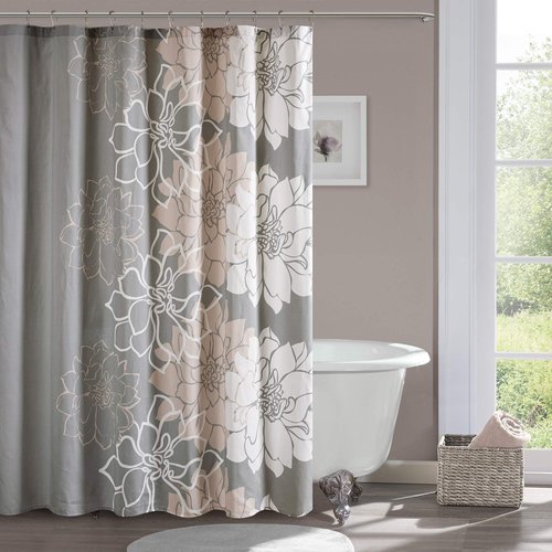 Madison Park Lola 100% Cotton Shower Curtain, Casual Large Floral Design, Modern Bathroom Decor, Machine Washable, Fabric Privacy Screen 72x72", Grey/Peach