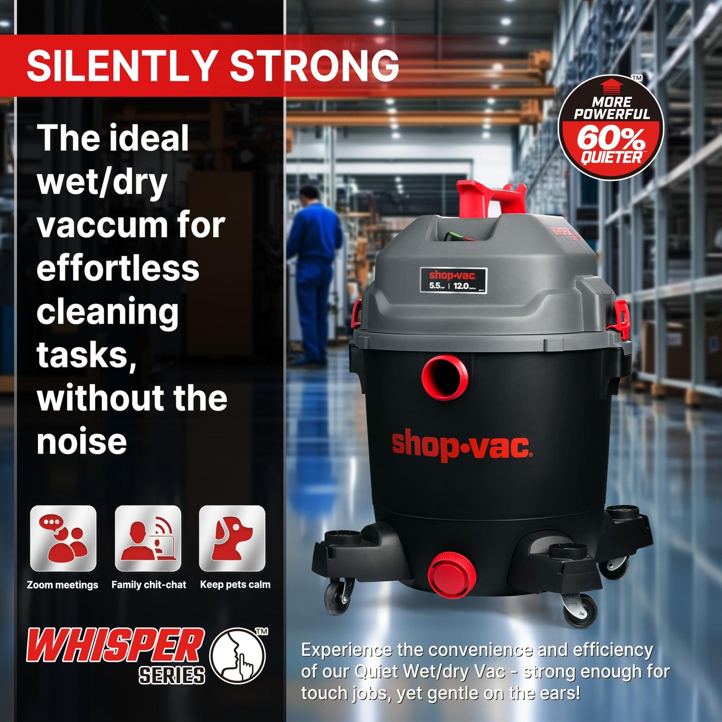 Shop-Vac 5430098 Ultra Quiet Wet/Dry Vacuum, 12 Gallon, 5.5 HP Powerful Suction & Heavy Duty for Jobsite, Garage, Workshop & Home