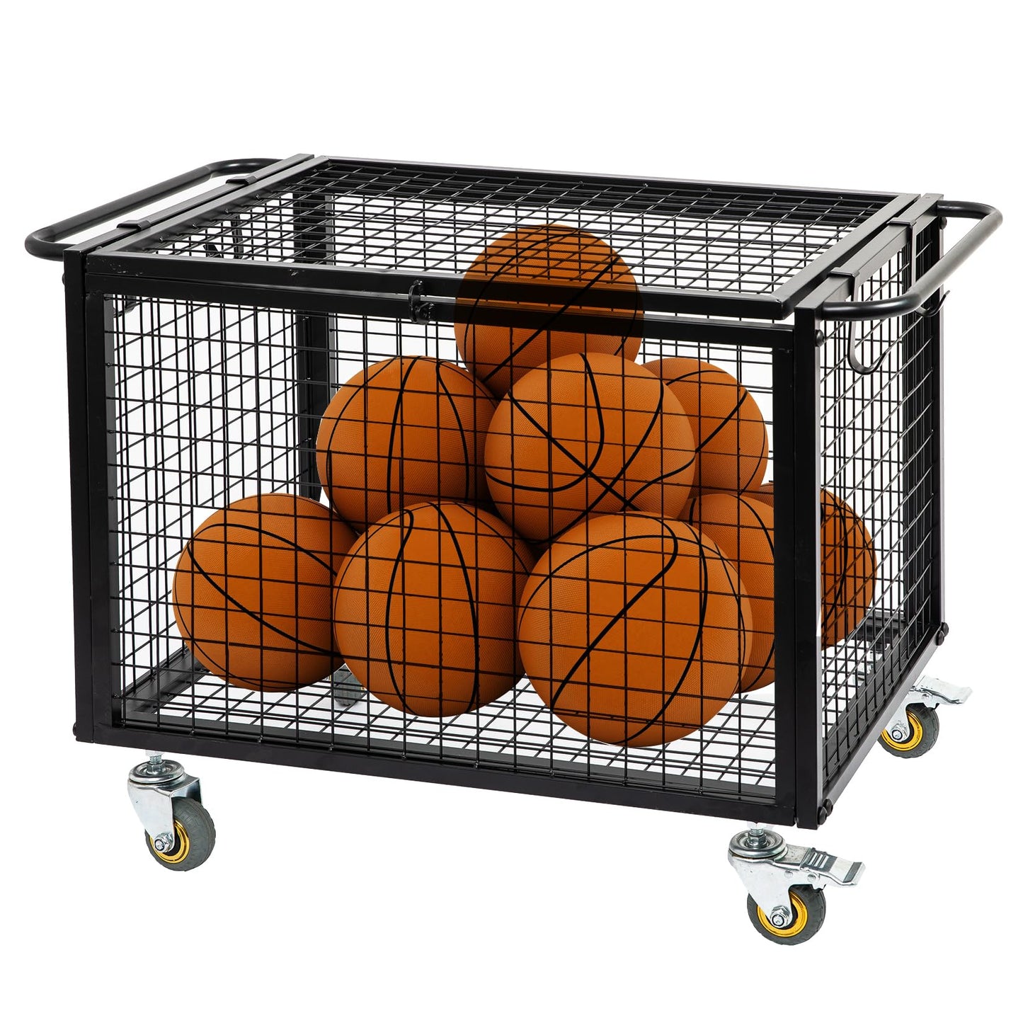 ExoLiry Metal Basketball Rolling Cart Sports Equipment Storage Wheel Basket Matte Black Athletic Lockable Cage with Raised Handle Gym Home Garage School Court Field Football Soccer Ball Volleyball Bat