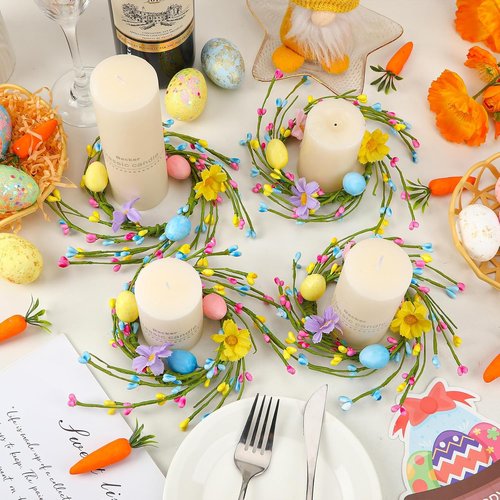 Jansun Easter Candle Rings - 4 Pcs Mini Wreaths with Pink & Blue Eggs for Table Decor | Festive Centerpieces