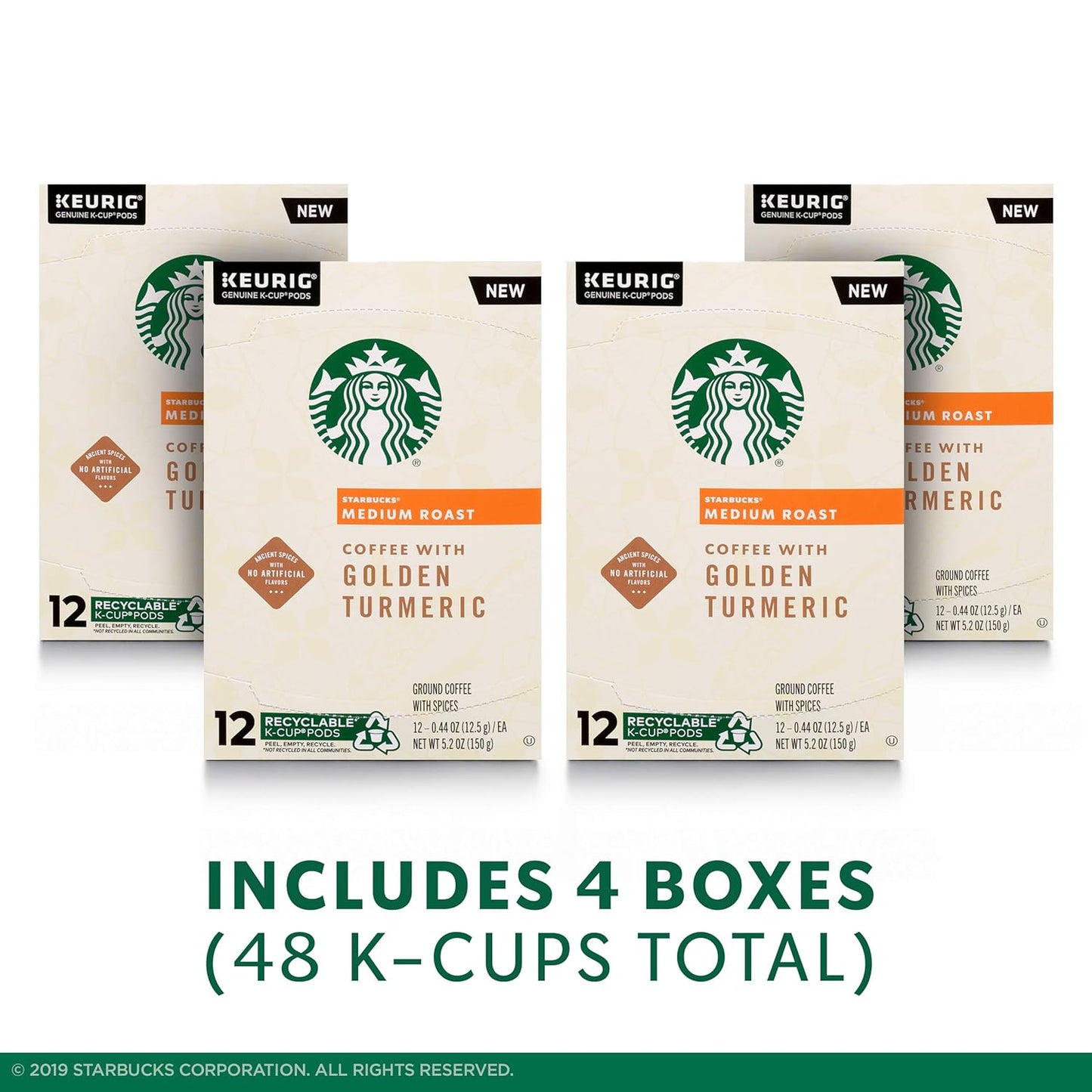 Starbucks Medium Roast K-Cup Coffee Pods - Golden Turmeric Flavor | 4 Boxes (48 Pods Total)