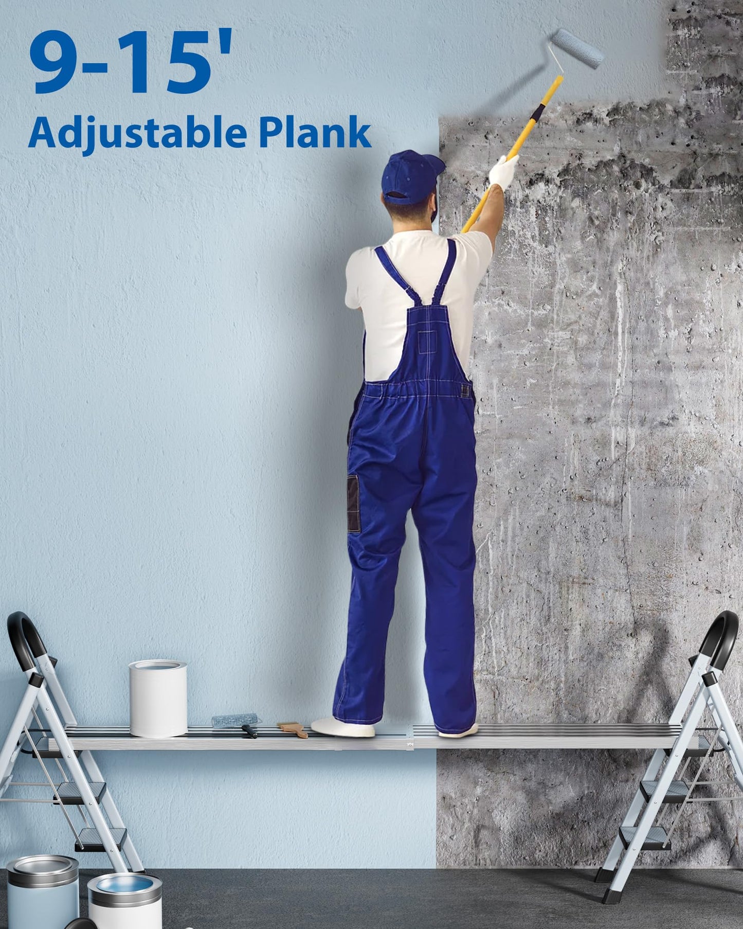 9-15 ft Telescoping Plank, Aluminum Work Plank, 440 LBS Capacity, Heavy-Duty Aluminum Scaffolding Extension Plank with Skid-Proof Platform Scaffold Ladder Accessory