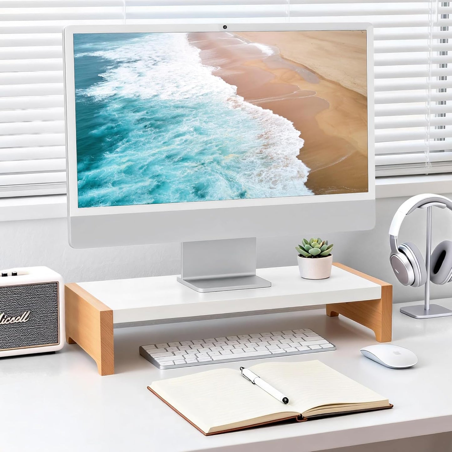 40LB ARCOBIS Monitor Stand Riser, White Metal & Wood Computer Monitor Stand Riser for Desk, Max Load Capacity