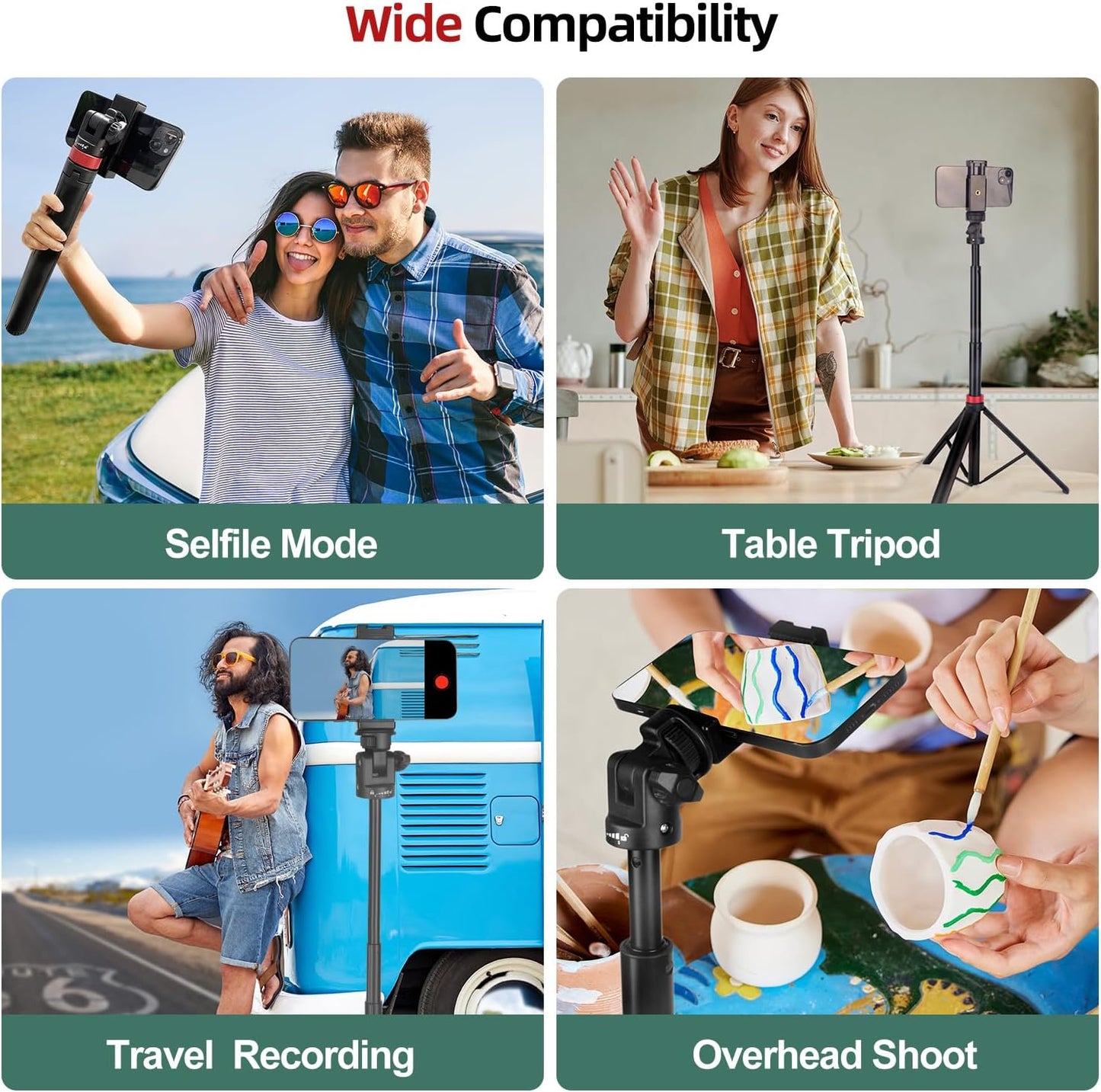 JEBUTU 1/4" Extendable Tripod Aluminum, Portable Adjustable Light Stand with Screw Phone Holder & Remote, Ball Head