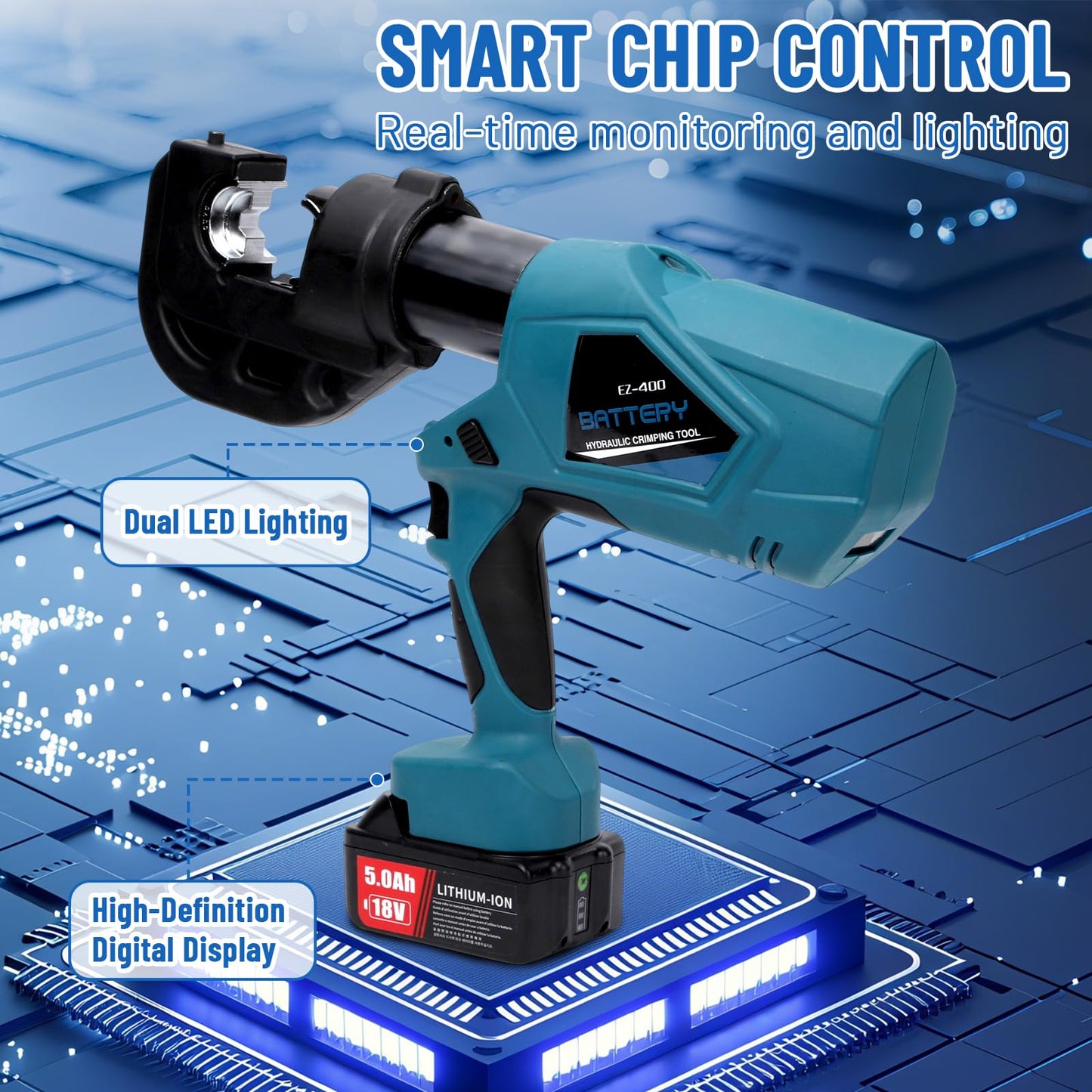 Hydraulic Crimping Tool 12-Ton Cordless Electric Hydraulic Crimper Kit with 12 Dies for 6AWG to 800MCM Copper and Aluminum Wire Terminals