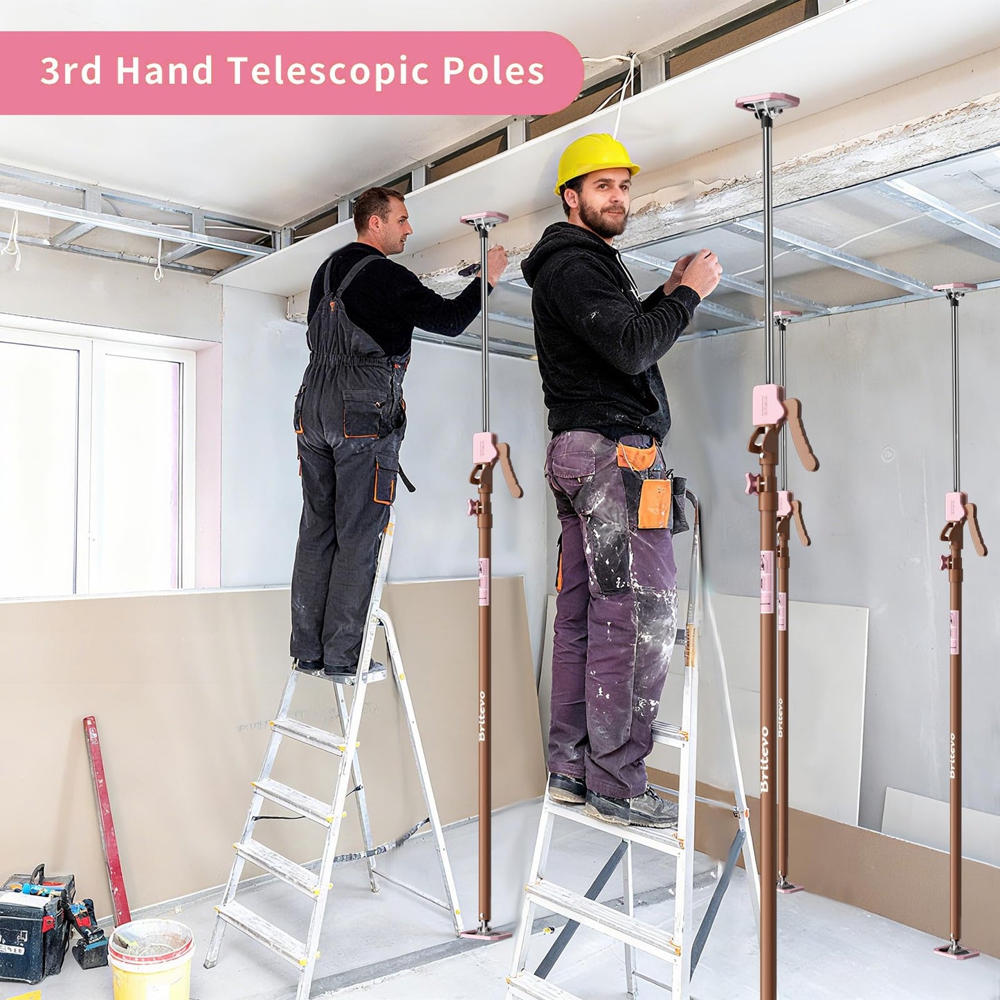 Britevo 4PK Adjustable Telescopic Support Pole - Cabinet Jack, Heavy Duty Third Hand Support System, Support Road, Drywall Lift, Dust Barrier & Cargo Bar, 54-115", Holds 154lbs
