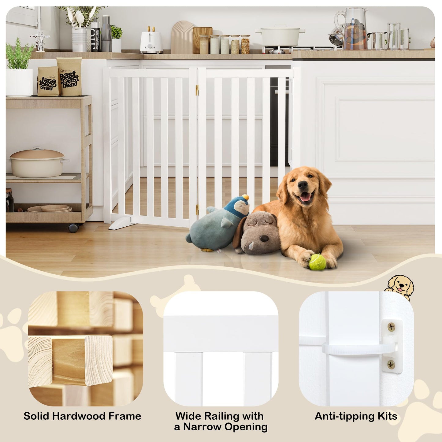 30" Height Tall Freestanding Pet Gate, Solid Wood Folding Safety Fence Wooden Dog Gate with 2 PCs Support Feet Ideal for Stairs, Doorways, Halls, Kitchens, Heavy Duty Gates, 2 Panels, White