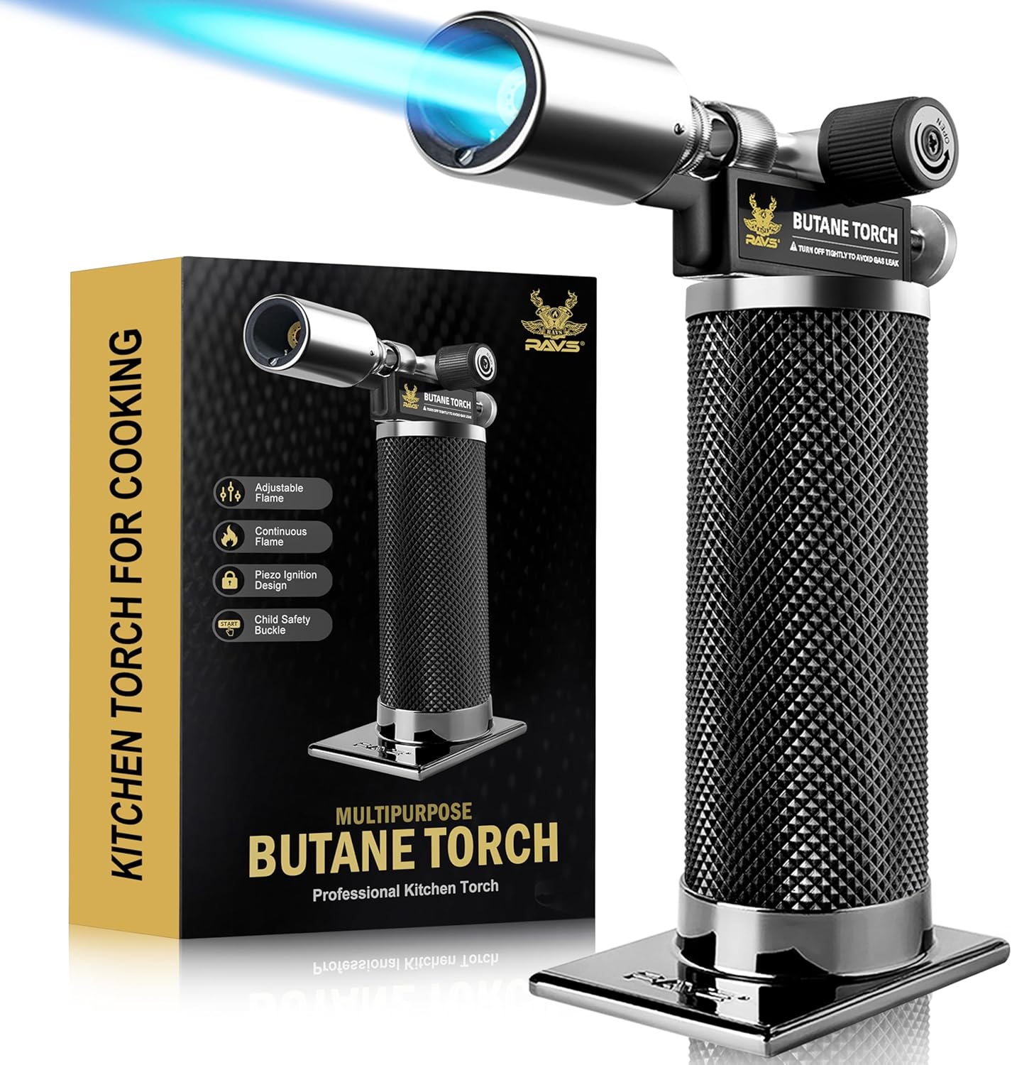 RAVS Butane Torch Lighter - Premium Metal Kitchen Torch with Adjustable Flame & Safety Buckle | Black