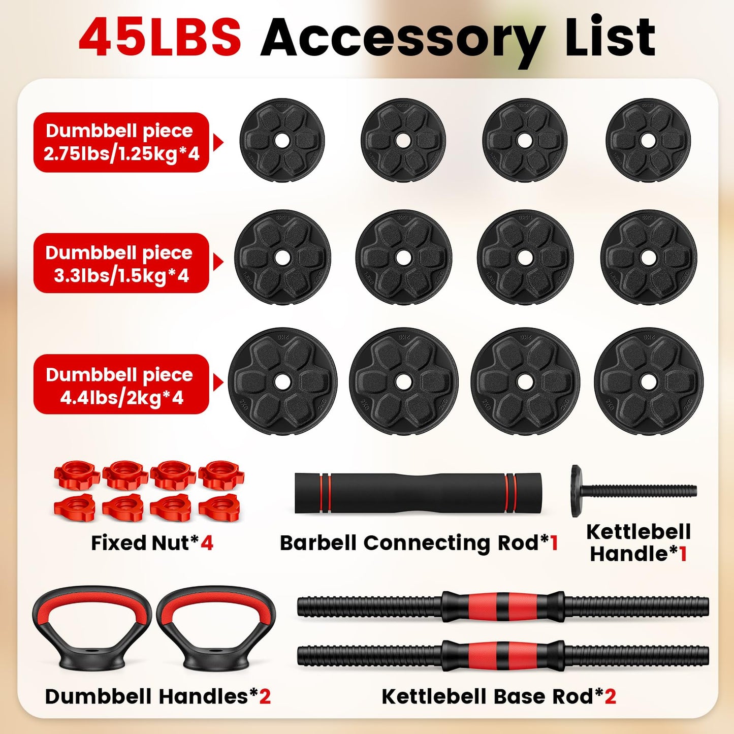 Adjustable Dumbbell Set, 20/33/45/70/90lbs Free Weight Set with Connector, 4 in1 Dumbbells Set Used as Barbell, Kettlebells, Push up Stand, Weight Set for Home Gym Suitable Men/Women