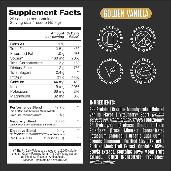 Falcon Performance Vegan Protein Powder, 31g Protein, 5g Creatine, 5g BCAA, Probiotics, Electrolytes, Pre Workout, Low Carb, Sugar Free & Dairy Free, Plant Based Vanilla Protein, 29 Servings