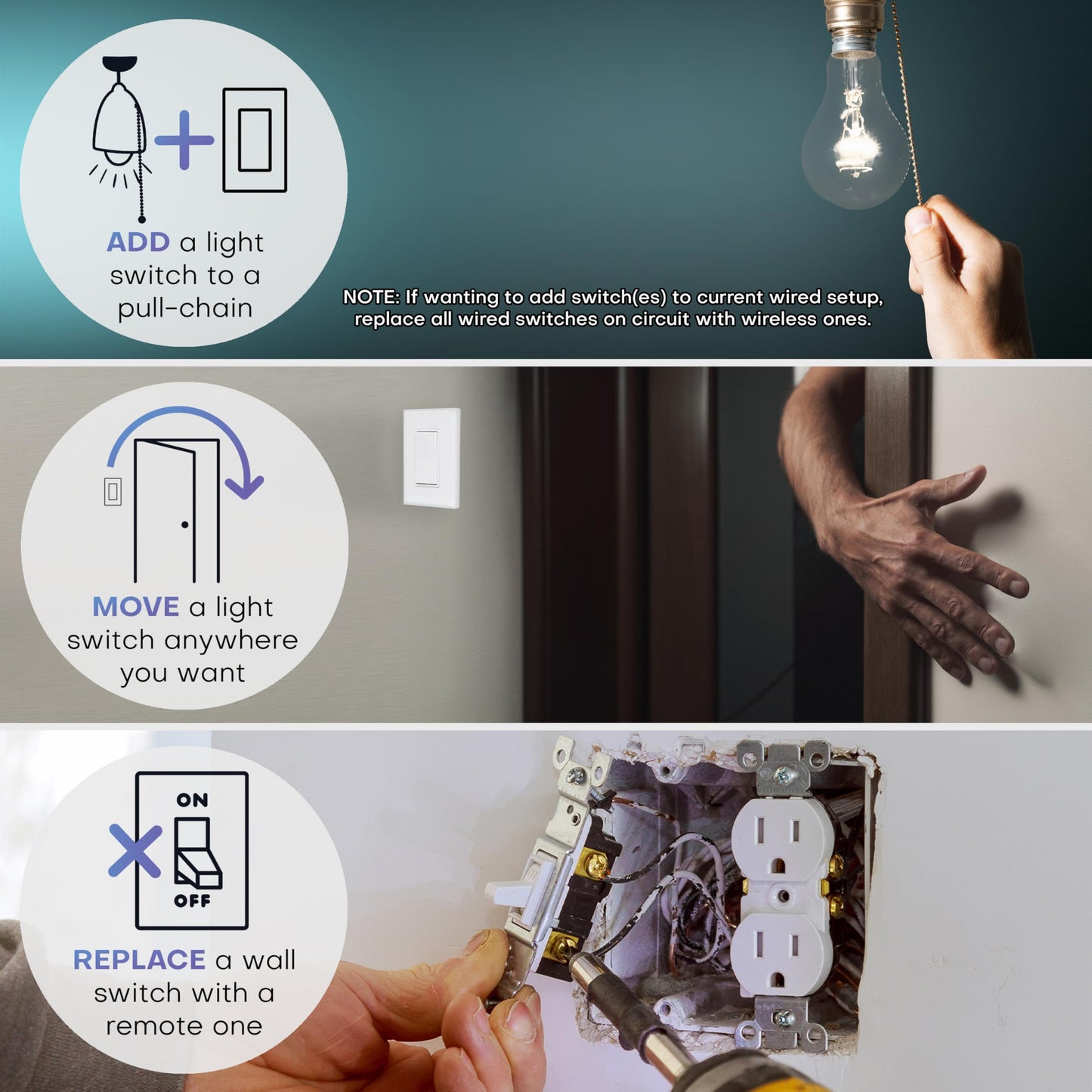 RunLessWire 3-Way Self-Powered Wireless Light Switch & Receiver Kit, No Wires, Batteries or WiFi Needed for DIY Home Electrical, 2 Remote Switches & 1 5amp Relay - White