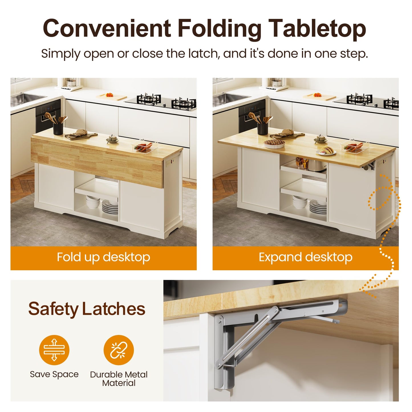 RoyalCraft 59'' Kitchen Island with Storage and Drop Leaf, Kitchen Island Table, Coffee Station Cabinet with Solid Rubber Wood Top, Pull-Out Trays, Drawers, Adjustable Shelves, Power Outlet, White