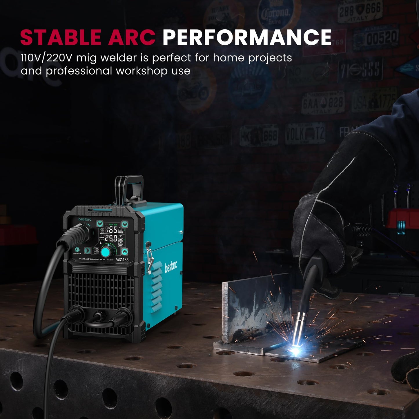 bestarc 165A MIG Welder, 110V 220V 4 in 1 Gas/Flux Core MIG/Lift TIG/Stick Welder Machine, Large LED Display Welding Machine, IGBT Inverter Welder MIG165 Soild Gasless Synergy MIG Welder