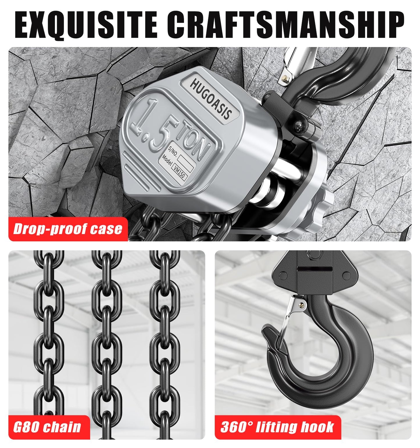 HUGOASIS Mini Lever Hoist 1-1/2 TON 3300 LBS Capacity 10FT Lift, Portable Aluminum Ratchet Chain Hoist with G80 Alloy Steel Chain, Dual Brake Hand Chain Puller for Lifting & Pulling,Silver