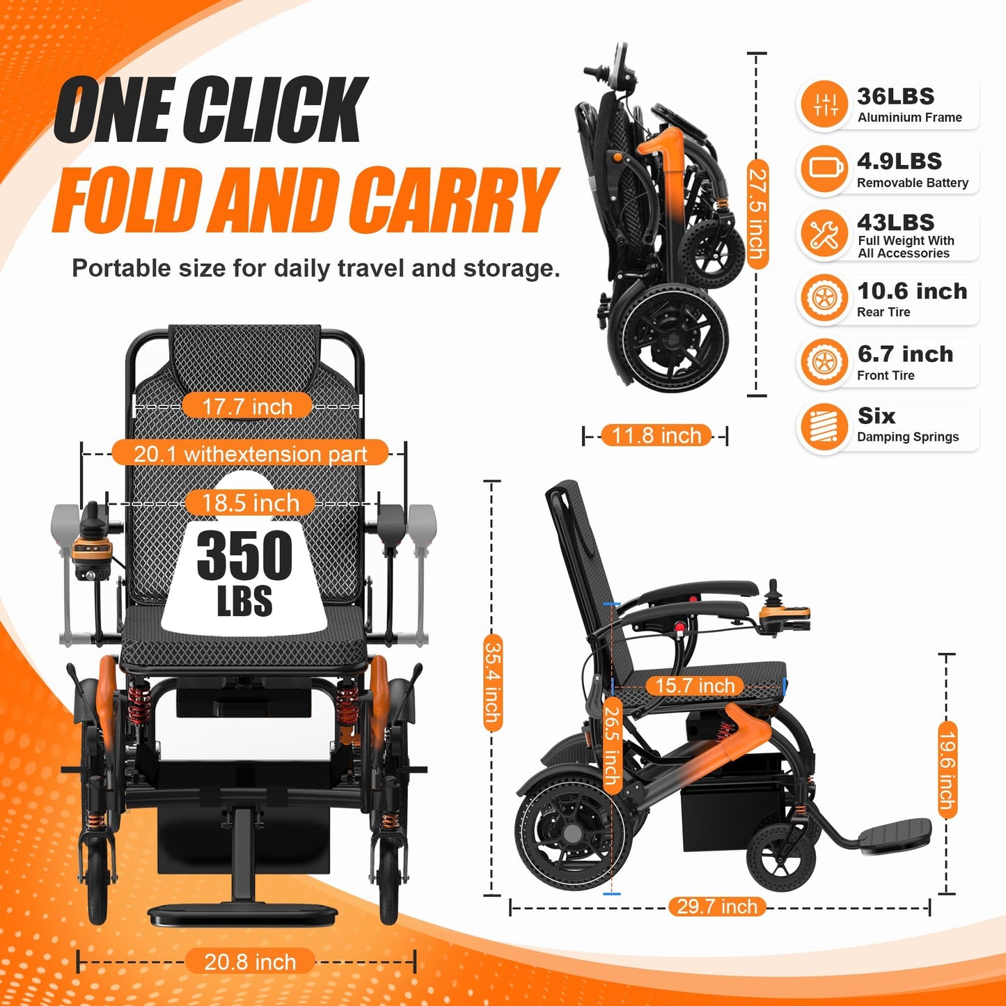 BIQISSI Electric Wheelchair for Adults, 36LBS Lightweight Electric Wheelchairs, 500W Brushless Motor Power Wheelchair, Foldable Motorized Wheelchair for Seniors, Airline Approval (Orange, 15MI)