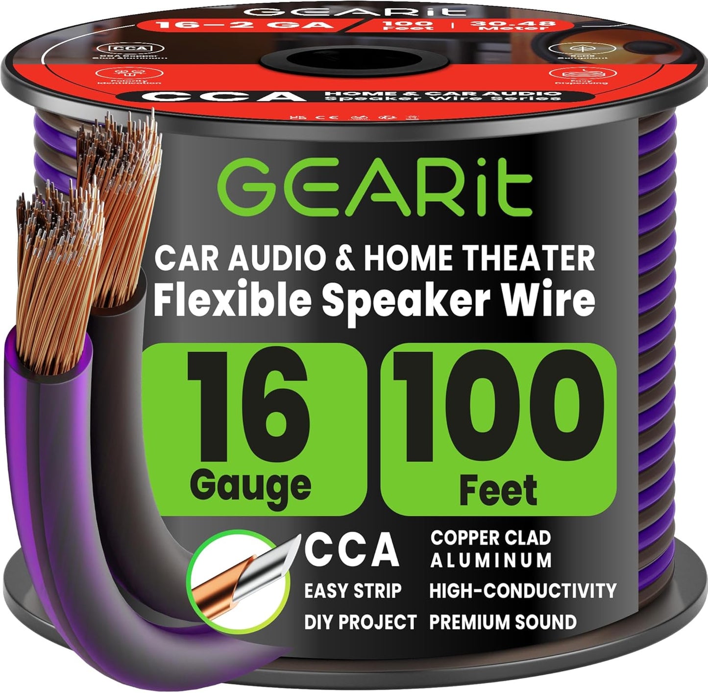 16 100 ft,16 GEARit Gauge Speaker Wire Gauge Wire with Foot Markers & Polarity Markings,Flexible Speaker Cable for Car
