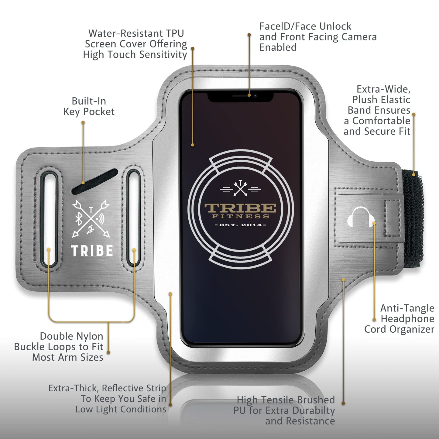 TRIBE Running Phone Holder Armband. iPhone & Galaxy Cell Phone Sports Arm Bands for Women, Men, Runners, Jogging, Walking, Exercise & Gym Workout. Fits All Smartphones. Adjustable Strap, CC/Key Pocket
