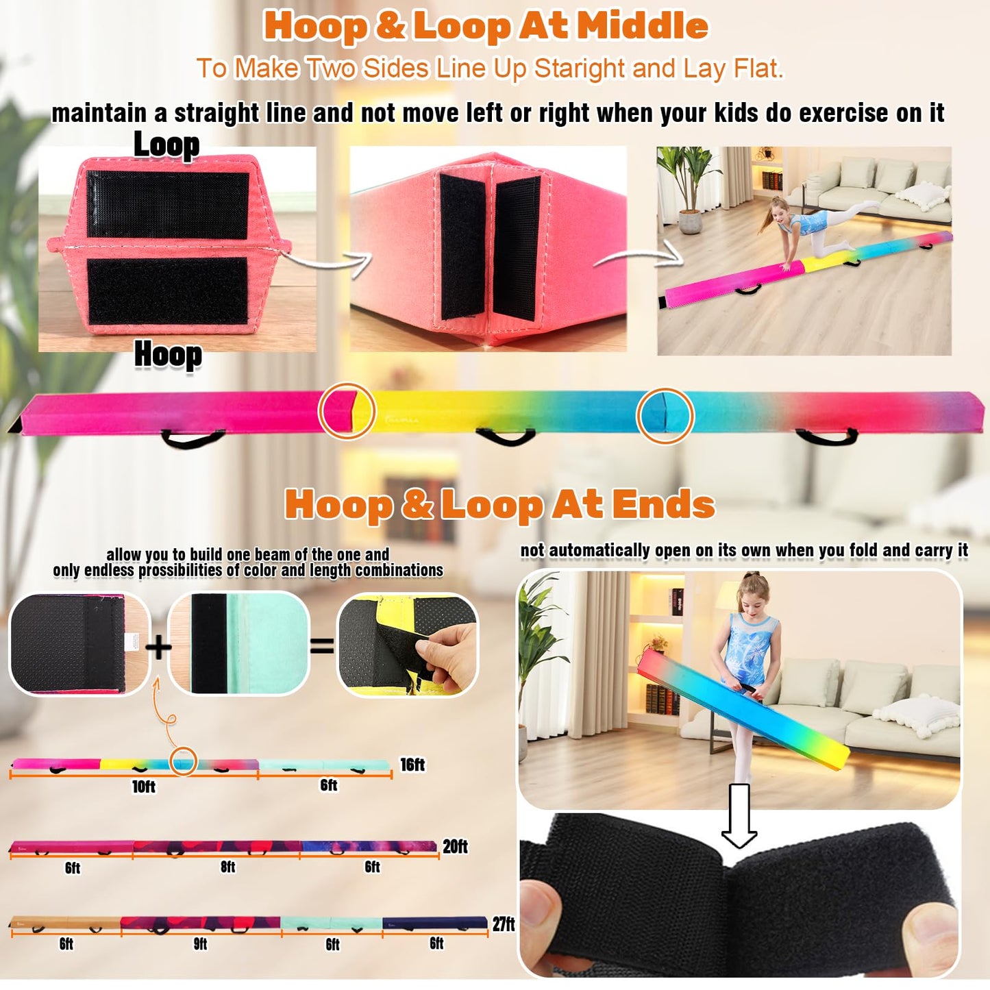 MARFULA 6 FT / 8 FT / 9 FT Folding Gymnastics Beam Foam Balance Floor Beam - Extra Firm - Suede Cover - Anti Slip Bottom with Carry Bag for Kids/Adults Home Use