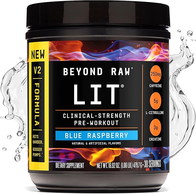 BEYOND RAW LIT V2 Clinical Strength Pre Workout Powder, Hits Harder, Bigger Pumps, Caffeine, L-Citrulline, Creatine, Blue Raspberry, 30 Servings