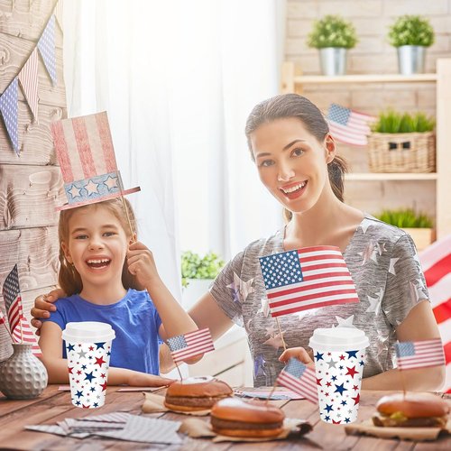 FYSUIMU 50-Pack Patriotic Disposable Coffee Cups - 16oz Red & Blue Star Design for 4th of July Celebrations