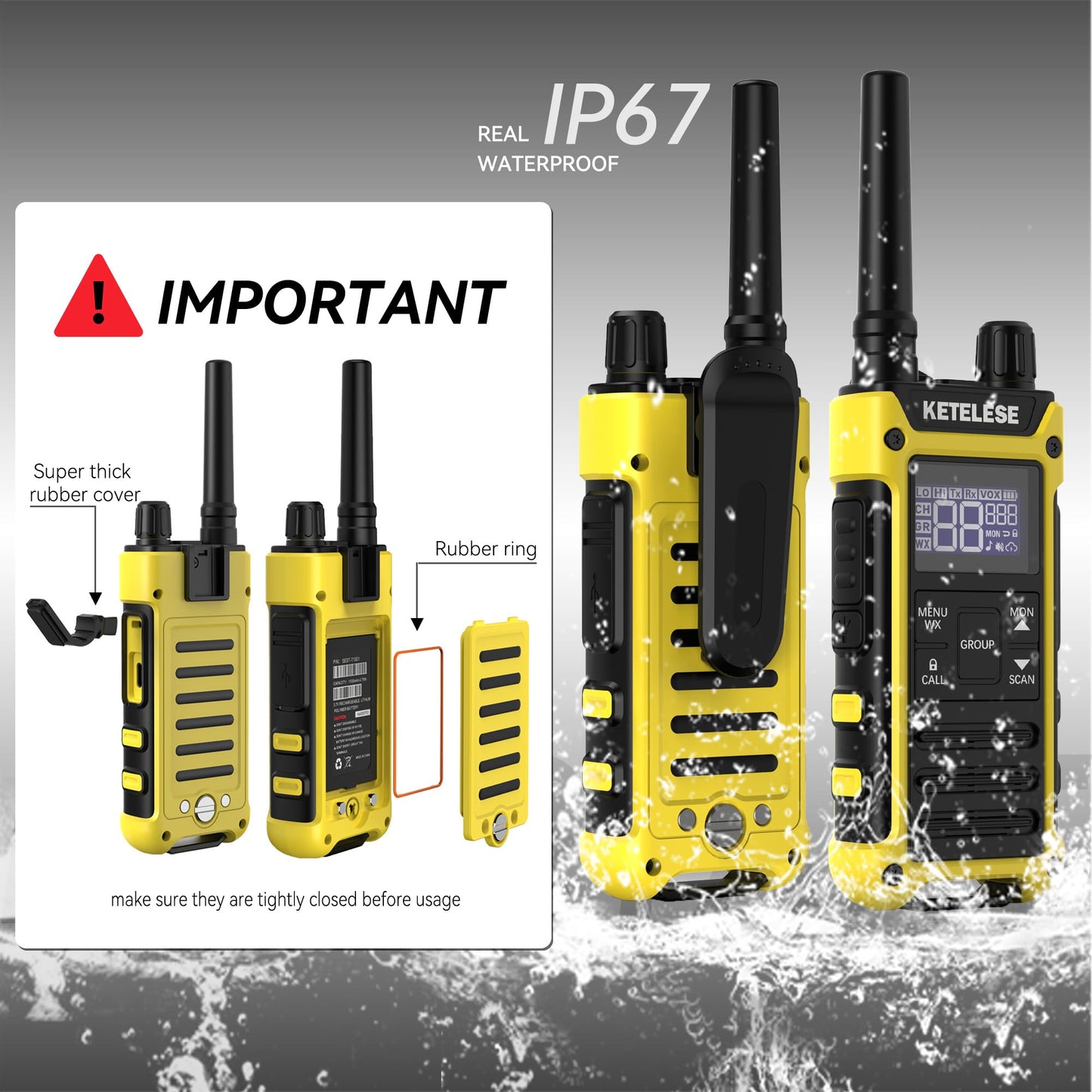 KETELESE T3F Walkie Talkies 6 Pack for Adults, IP67 Waterproof 2 Way Radios Rechargable, with Earpiece and Mic, Shock Resistant, Dual PTT, One Key Group Call, VOX, NOAA&Wheather Alert, Black/Yellow