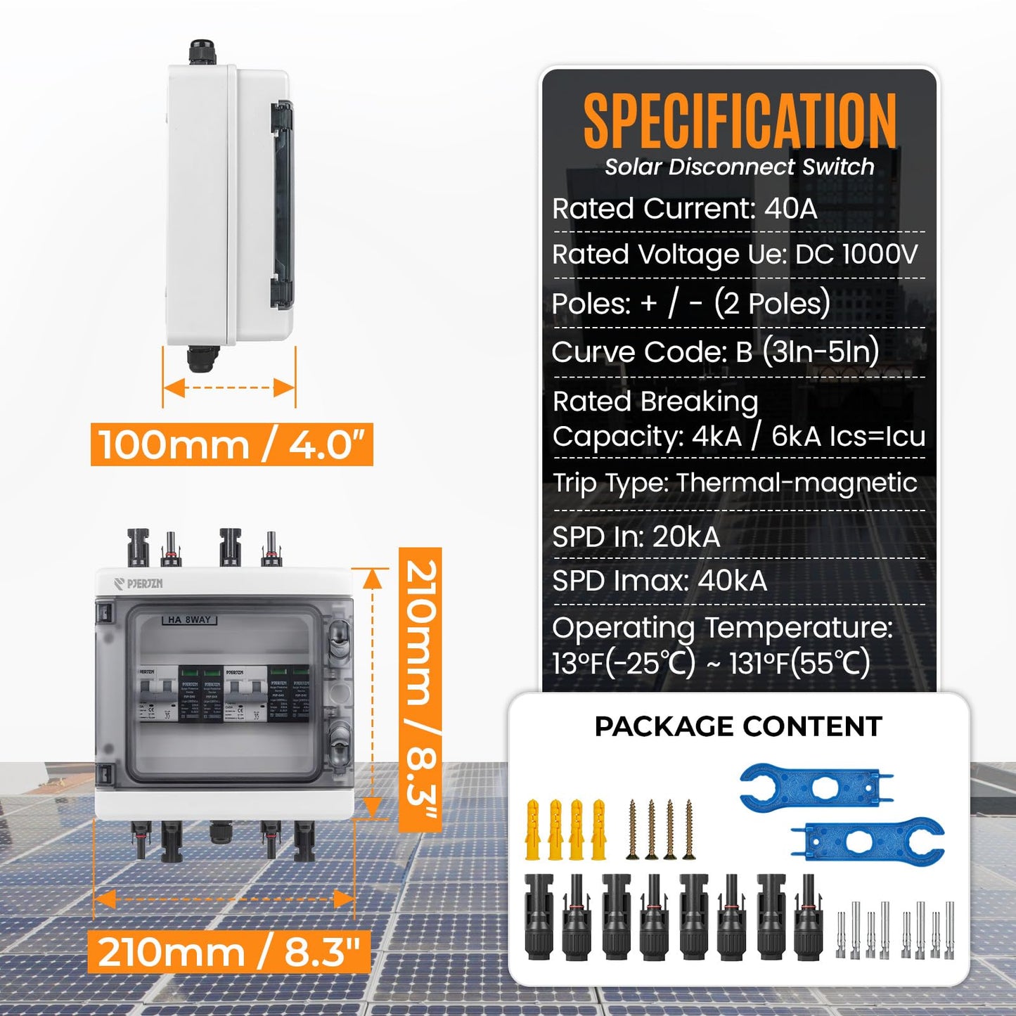 PJERJZN Solar Combiner Box 2 String PV Combiner Box 1000V DC 40A & 20-40KA SPD Power Distribution Box for Solar Panels Off-Grid Systems (2String 2 in 2 Out)