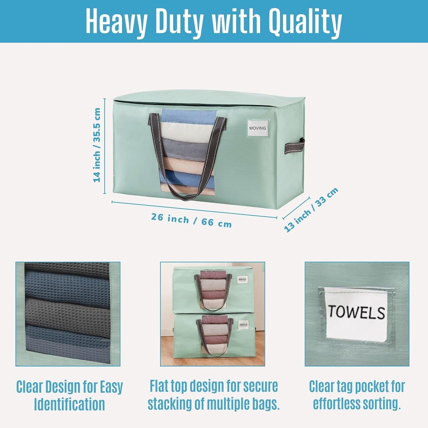 VENO Heavy Duty Moving Bags - 10 Pack Clothes & Comforter Storage with Clear Window | Light Green Matte