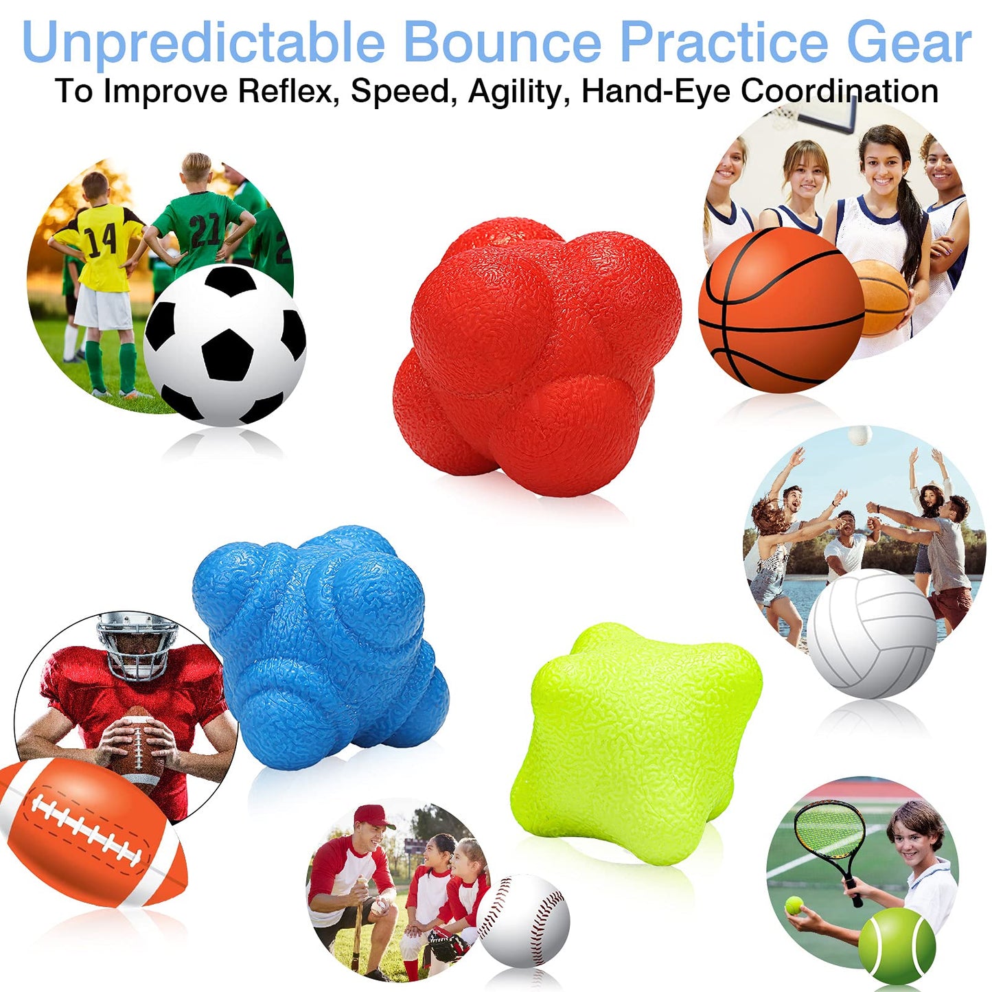 3 Pcs Reaction Ball Rubber Reflex Ball for Hand Eye Coordination Training Bounce Reaction Balls Different Level Reaction Training Ball for Agility Training Equipment Reflex Speed, Blue, Red, Yellow